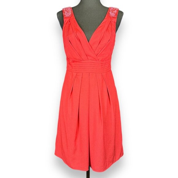 Esley Dresses & Skirts - Esley Deep V Red Fit & Flare Dress with Beaded Shoulder Detail, Size Medium